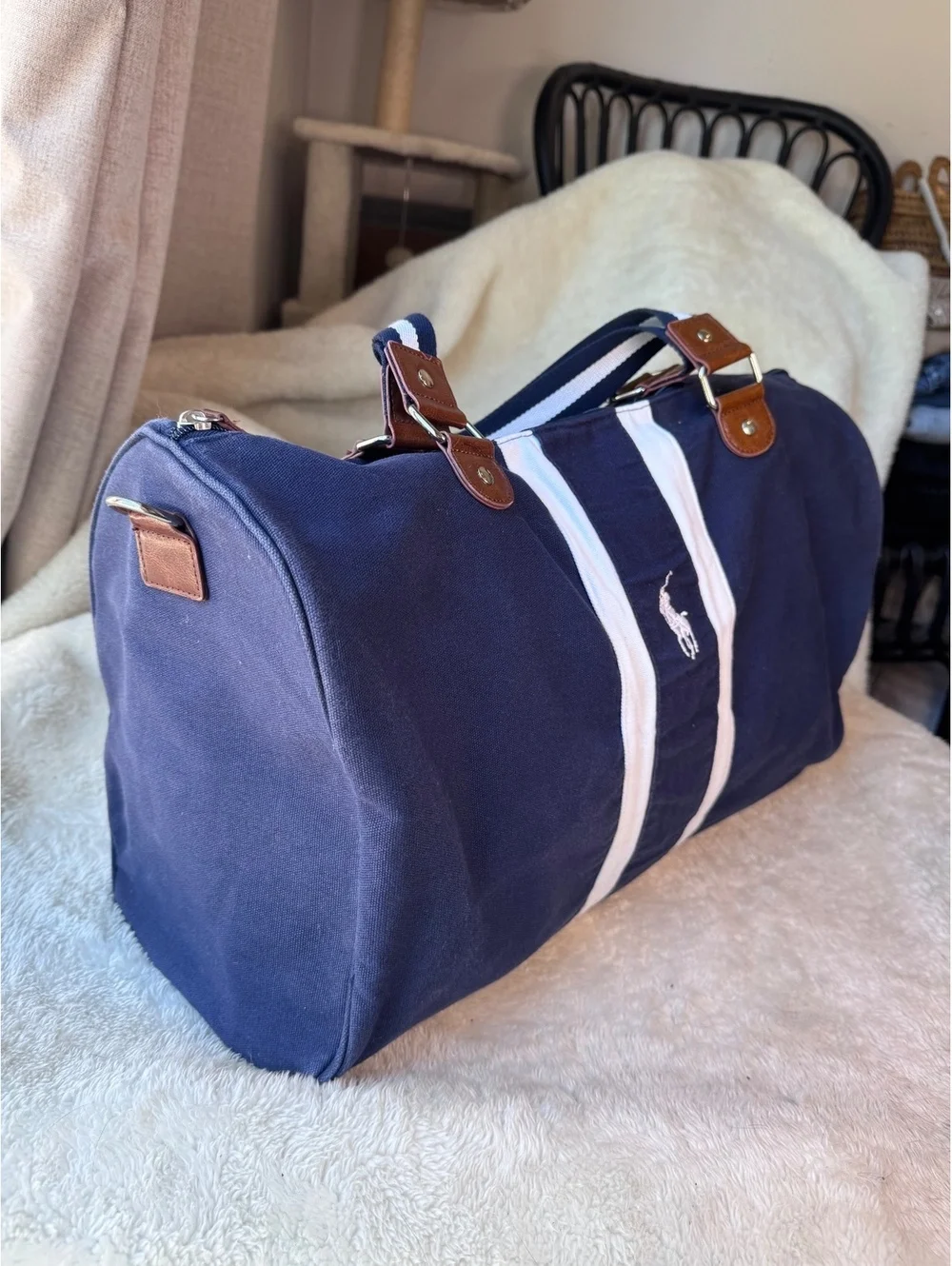 Vintage Polo Ralph Lauren Navy Blue Canvas Duffel / Weekender Bag